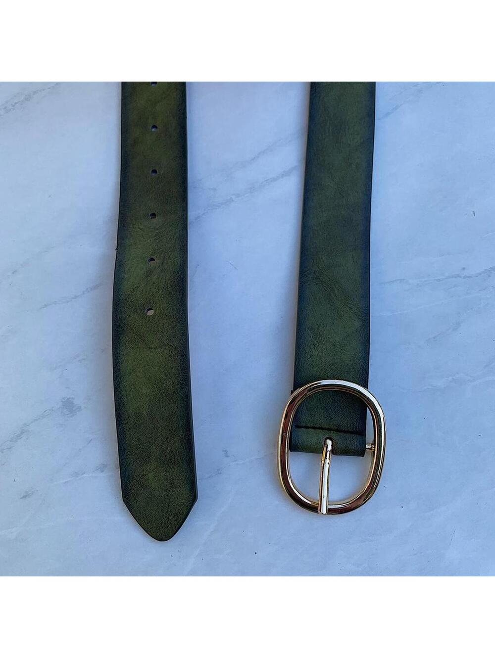 Faded Green leather belt with Gold oval belt buckle. Very cool unique belt. Y2k